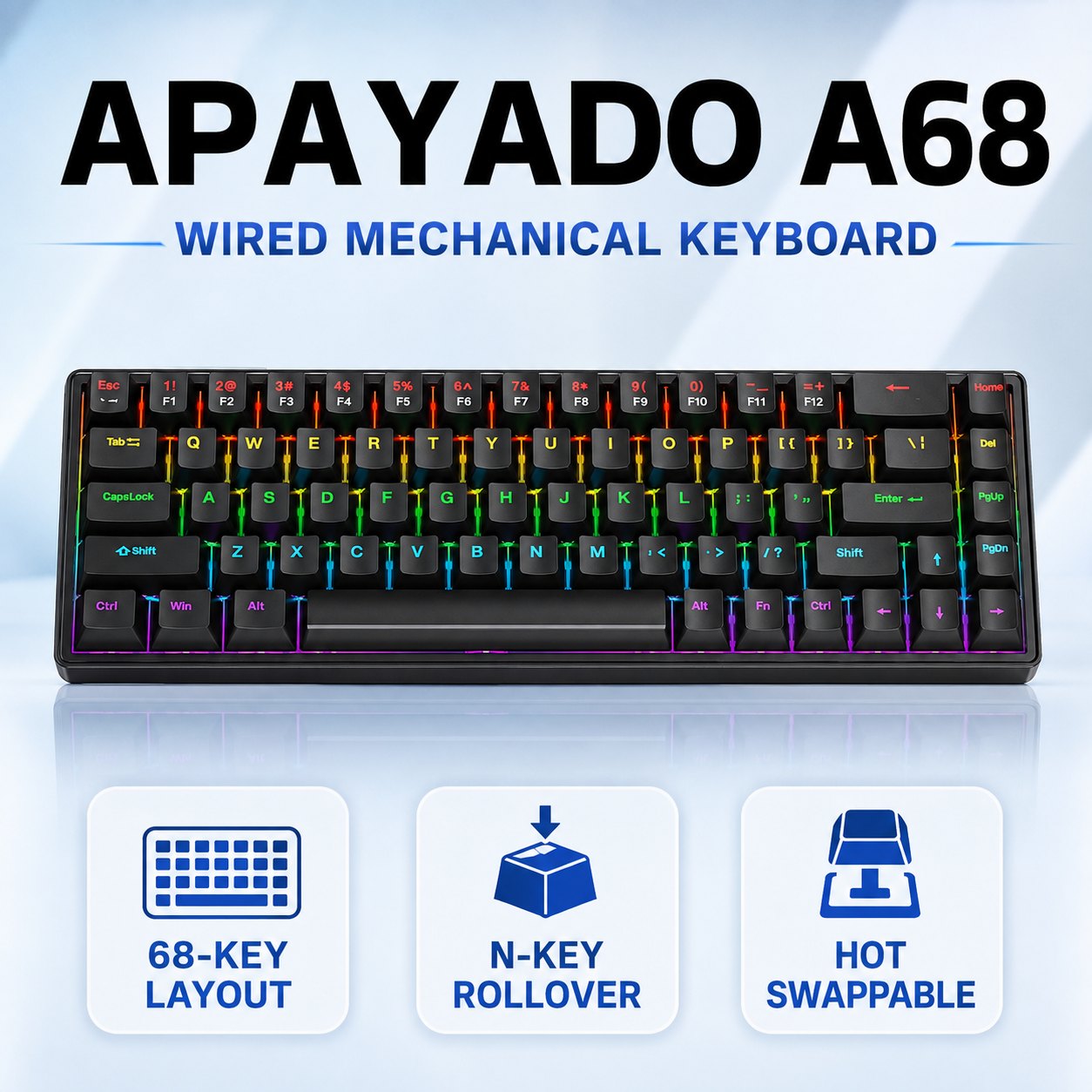 Gaming Keyboard Blue Switches - Teclado Mecânico com Fio APAYADO A68,